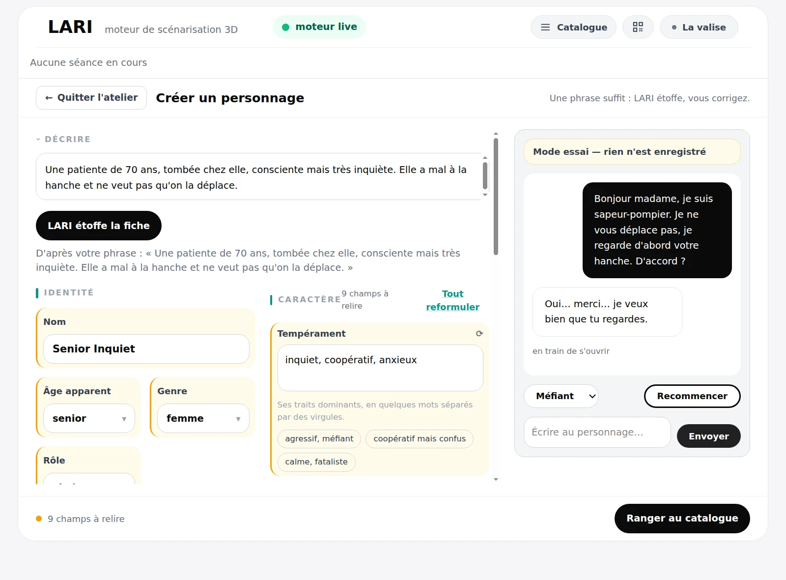 L’atelier de personnage : une phrase décrit la situation, LARI remplit la fiche, et un mode essai permet de tester la réaction du personnage avant la séance